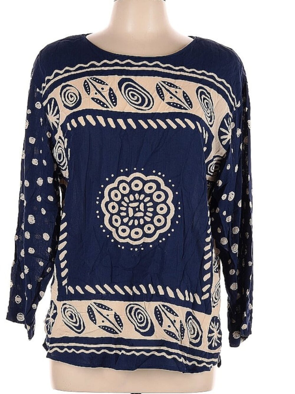 CAROLE LITTLE Top Navy Blue & Tan Rayon Long Sleeve Pullover Relaxed Size 10